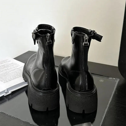 maoxiangshop  -  Autumn Winter Chunky Platform Boots Women Soft Leather Stretch Ankle Boots Fashion Belt Buckle Back Zip Design Knight Boots