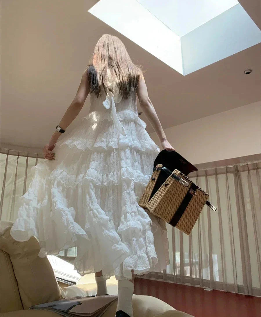 White Dress Elegant Summer Soft And Flowing Hem Cloud Oversized Cake Skirt French Square Neck Slimming Dress Femme