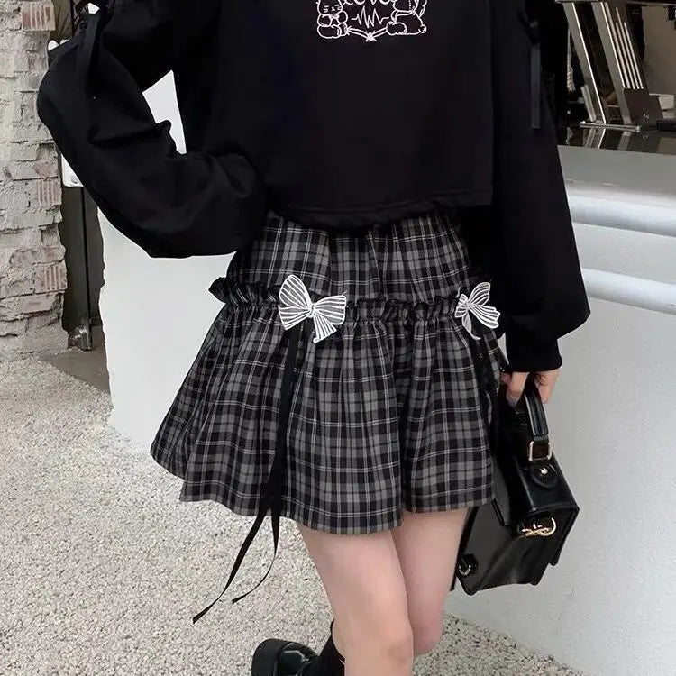 maoxiangshop Kawaii Gothic Lolita Plaid Skirt Women Goth Bow Black High Waist A-line Mini Skirts Japanese Style Harajuku Soft Girl