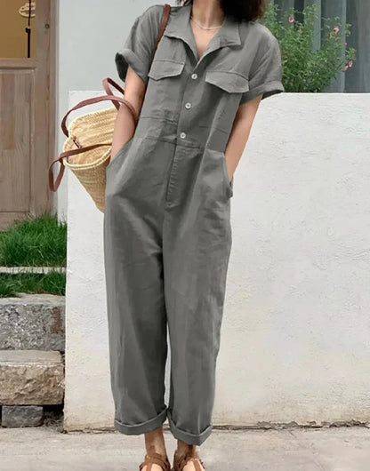 maoxiangshop Women Summer Jumpsuit Lapel Solid Color Short Sleeved Dungarees Femme Fashion Causal Elegant Rompers Work OL Pant