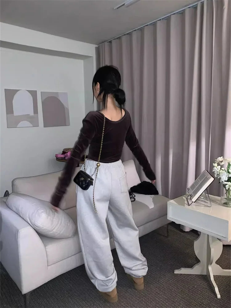 maoxiangshop -  Korean Fashion Fleece Sweatpants Women Y2K Bow Print Brushed Pants Oversized Winter Fairycore Wide Leg Joggers Pants