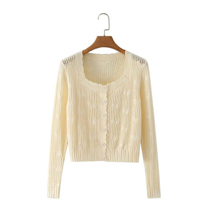maoxiangshop Fall outfits women  cropped cardigan long sleeve cute crop sweater kawaii knitwears heart square neck top knitted