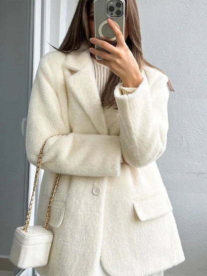 maoxiangshop  -  Fashion Plush Solid Color Women's Coat Turndown Collar Single Breasted Casual Loose Coats Winter Warm Windproof Women Outerwears