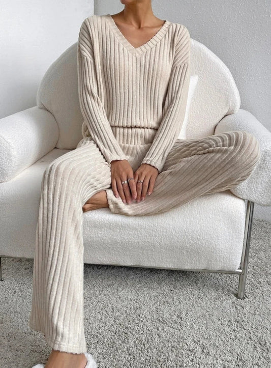 maoxiangshopCasual Sets for Women 2 Pieces Autumn New Loungewear Loose V-Neck Long Sleeve Top and Pit Strip Knitted Straight Pants Suit