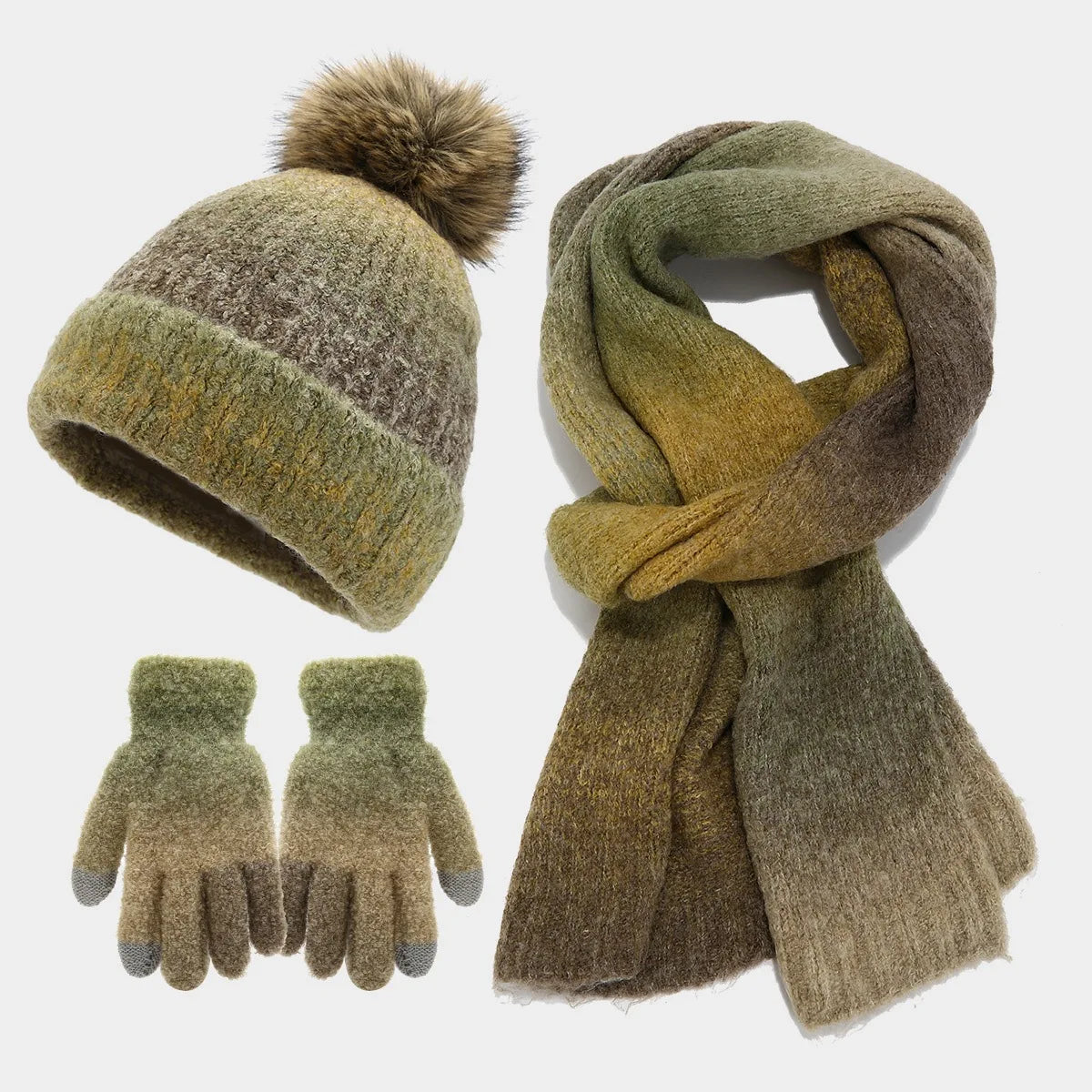 maoxiangshop  -  Winter Pompom Hat Scarf Glove Sets Tie-Dyed Knitted Beanies Plush Lining Thicken Bonnet Touch Screen Gloves Windproof Skiing Cap