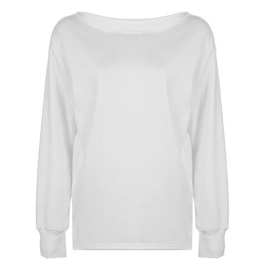 White Skew Collar Long Sleeve Top Fall Clothes 2024 Women Casual Basic Baggy T Shirts P67-BG32