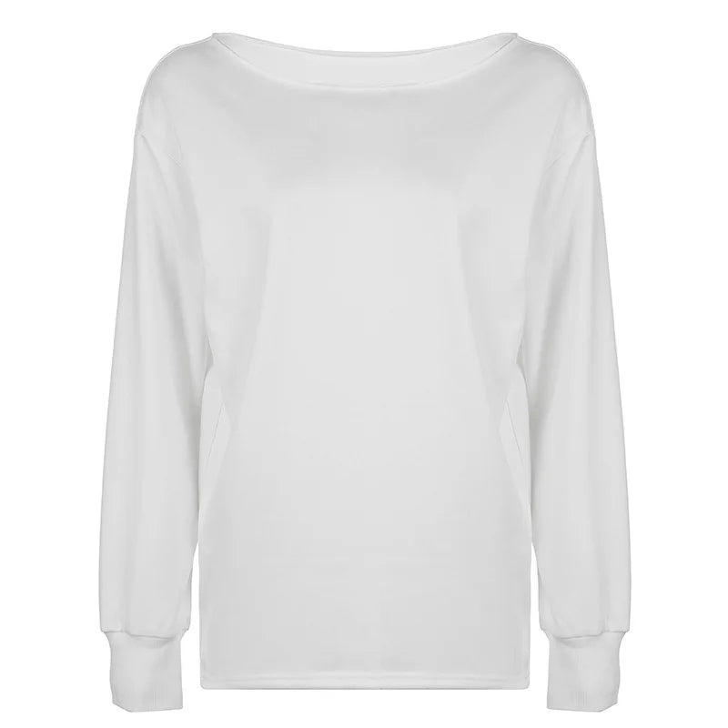 White Skew Collar Long Sleeve Top Fall Clothes 2024 Women Casual Basic Baggy T Shirts P67-BG32