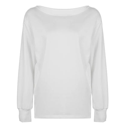 White Skew Collar Long Sleeve Top Fall Clothes 2024 Women Casual Basic Baggy T Shirts P67-BG32