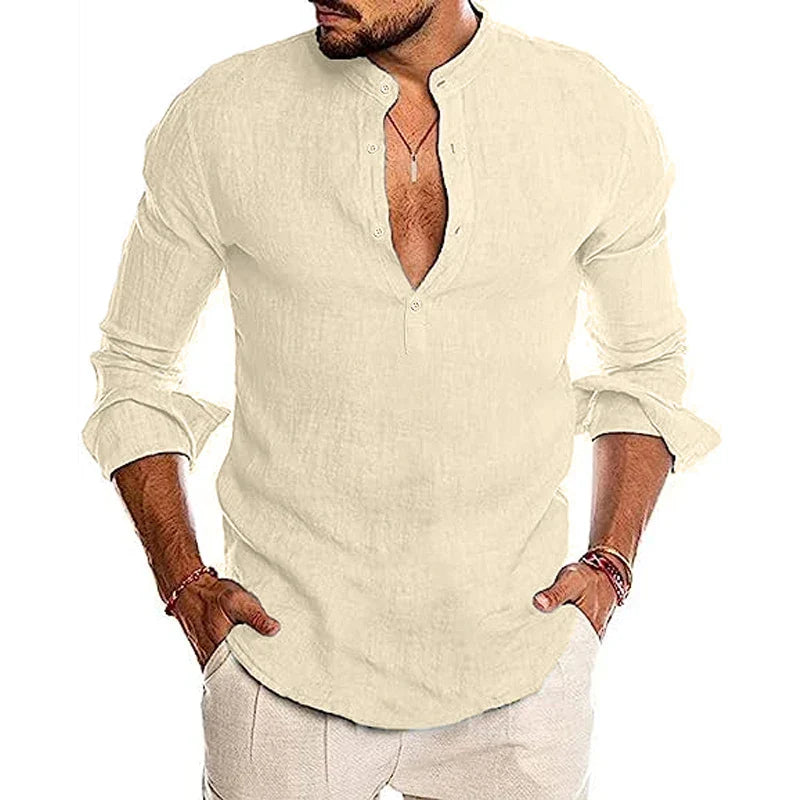 maoxiangshop Mens Button Down Shirt Linen Cotton Shirts Casual Long Sleeve Spread Collar Lightweight Beach Solid Color Tops