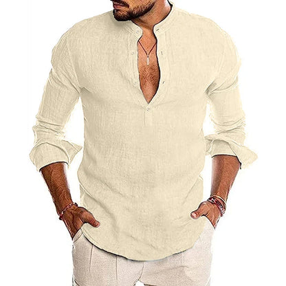 maoxiangshop Mens Button Down Shirt Linen Cotton Shirts Casual Long Sleeve Spread Collar Lightweight Beach Solid Color Tops