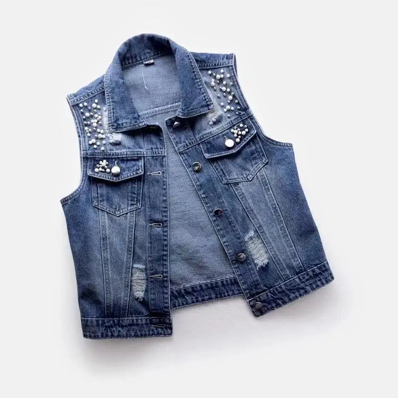 maoxiangshop Denim Women Vest Luxury Pearls Fashion Ripped Autumn Plus Size Jeans Jacket Sleeveless Loose Short Coat Causal Waistcoats