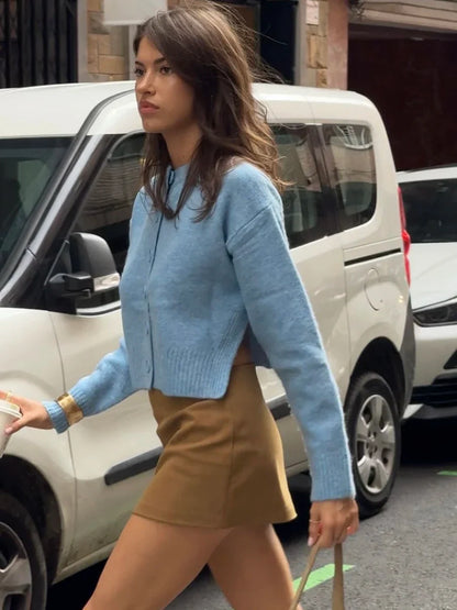 maoxiangshop  -  Solid Color Cardigan Sweater Women Autumn O Neck Long Sleeve Jumpers Streetwear Fashion Split Hem Short Knit Outerwear 2024 New
