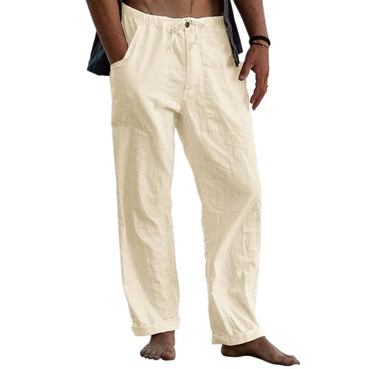 maoxiangshop New Men's Cotton Linen Pants Summer Solid Color Breathable Linen Trousers Summer elastic waist drawstring loose pants