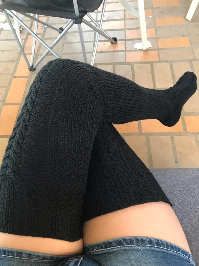 maoxiangshop Thigh High Stockings Women Winter Warm Ladies Girls Black White Over Above Knee Sock Extra Long Female plus size Foot Leg Warmer