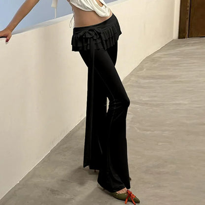 maoxiangshop -  2024 Spring Solid Casual High Waist Women Pants Black High Stretch Lace Up Trousers Female Winter New Ruffle Outside Streetwear