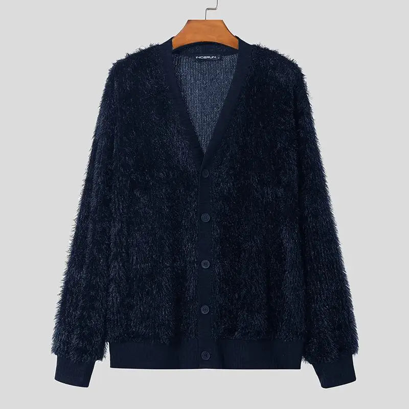 maoxiangshop Men Sweaters Solid Color Plush V Neck Long Sleeve Casual Cardigan Men Streetwear Fashion Leisure Knitted Outerwear