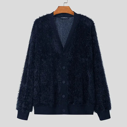 maoxiangshop Men Sweaters Solid Color Plush V Neck Long Sleeve Casual Cardigan Men Streetwear Fashion Leisure Knitted Outerwear
