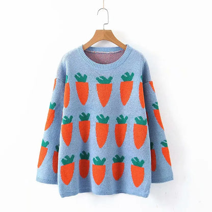 maoxiangshop Women's Carrot Sweater Cozy Knit Cute Cartoon Crew Neck Long Sleeve Oversized Pullover Jumper Fall Winter