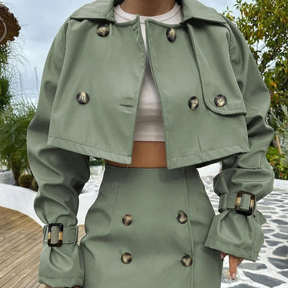 maoxiangshop  -  Short Jacket Skirt Two-Piece Set For Women Retro Button Slim Splice Mini Skirt Female Autumn Streetwear Matching Sets
