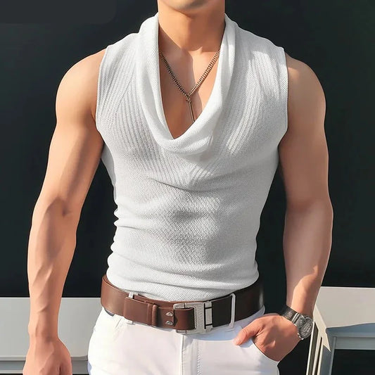 maoxiangshop Tops 2024 Korean Style Men's Pile Up Collar Knitted Solid Color Vests Casual Streetwear Thin Sleeveless Tank Tops S-5XL