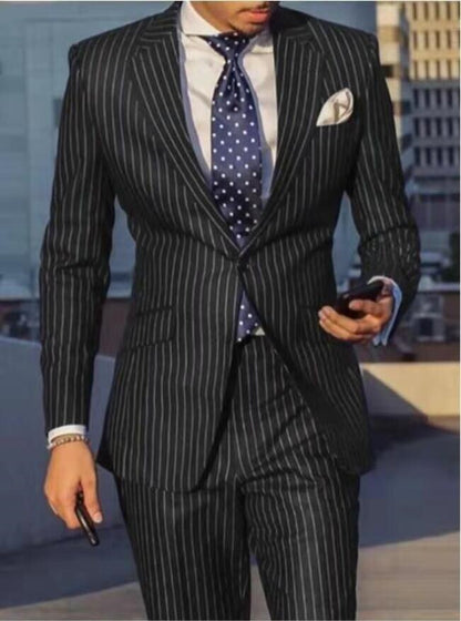 maoxiangshop Navy Blue 2 Piece Slim Fit Business Men Suit Stripe Groom Wedding Tuxedo Custom Skinny Prom Wedding Business Suit
