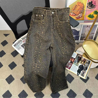 American Washed Leopard Print Wide Leg Jeans for Women Retro Street Distressed New Harajuku Style Hottie Baggy Y2K Casual Pants