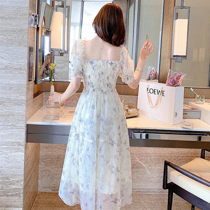 maoxiangshop Summer White Chiffon Long Dress Casual Floral Party Dress Elegant Short Sleeve Fairy Dresses for Women Sweet Clothing