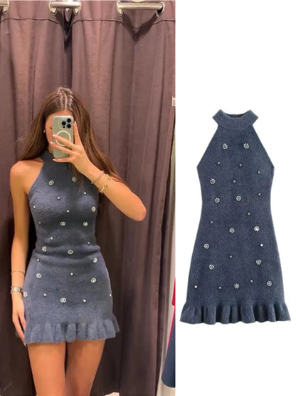 maoxiangshop  -  Elegant Bead Mini Dresses for Women Faux Fur Hanging Collar Sleeveless Slim Female Short Dress 2024 Autumn New Party Robes