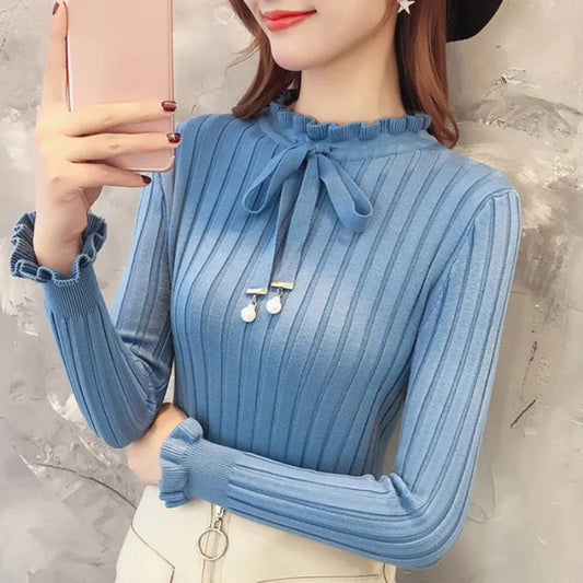 maoxiangshop Women Autumn Winter Solid Color Slim Long-Sleeved High Collar Slim Bottom Knit Sweater