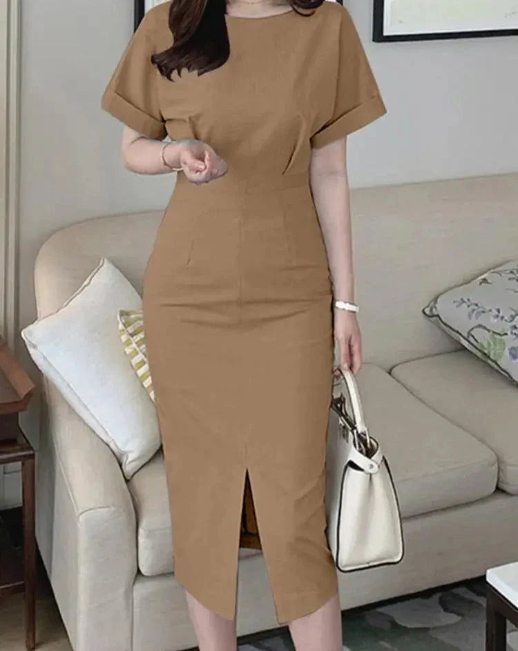 maoxiangshop Summer Elegant Dress Women Short Sleeve Casual Solid Color Midi Sundress Female Loose Zipper Split Party Vestidos