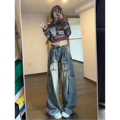 Y2K Cargo Jeans Women Streetwear Multi-Pocket Wide Leg Denim Pants Harajuku Vintage High Waist Baggy Casual Trousers New