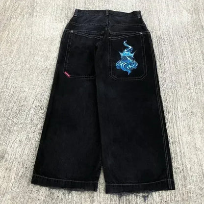 maoxiangshopJeans New Harajuku Hip Hop Retro Skull Graphic Embroidered Baggy Jeans Denim Pants Men Women Goth High Waist Wide Trousers
