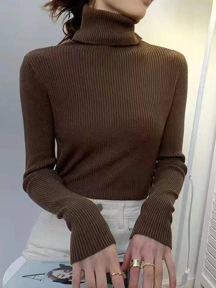 maoxiangshop New Women Pullover Turtleneck Sweater Autumn Long Sleeve Slim Elastic Korean Simple Basic Cheap Jumper Solid Color Top