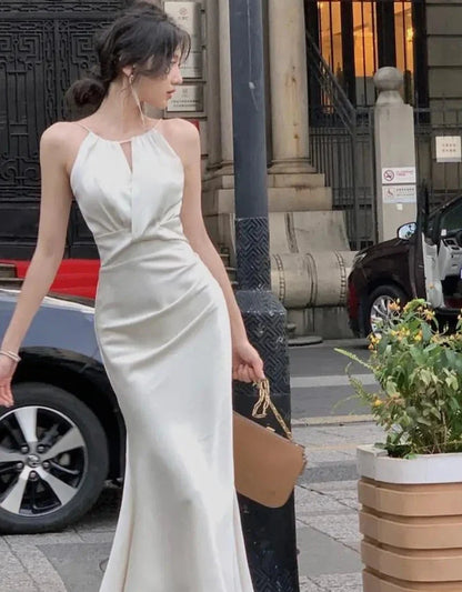 French Elegant Slim Wedding Mermaid Long Dress Summer Female Sexy Sleeveless Chic Bodycon Satin Vestidos Evering Party Prom Robe