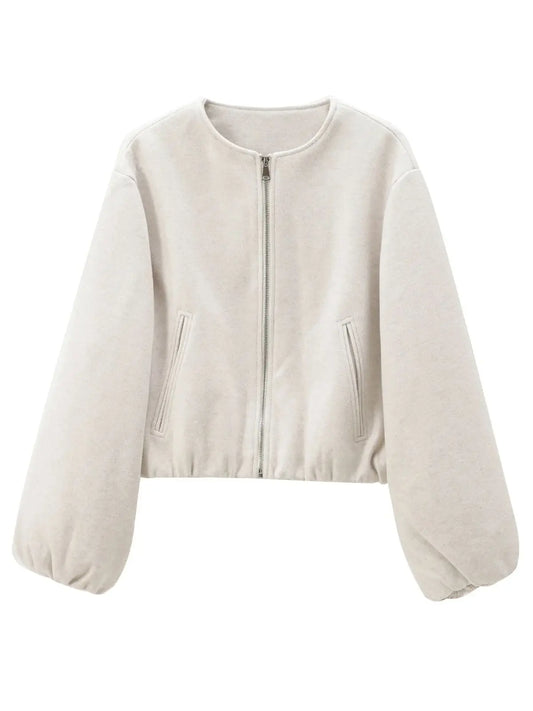 maoxiangshop  -  2024 Women's Fashion Autumn/Winter Soft Bomber Jacket Women Retro Round Neck Long Sleeve Elastic Hem Zipper Female Coat