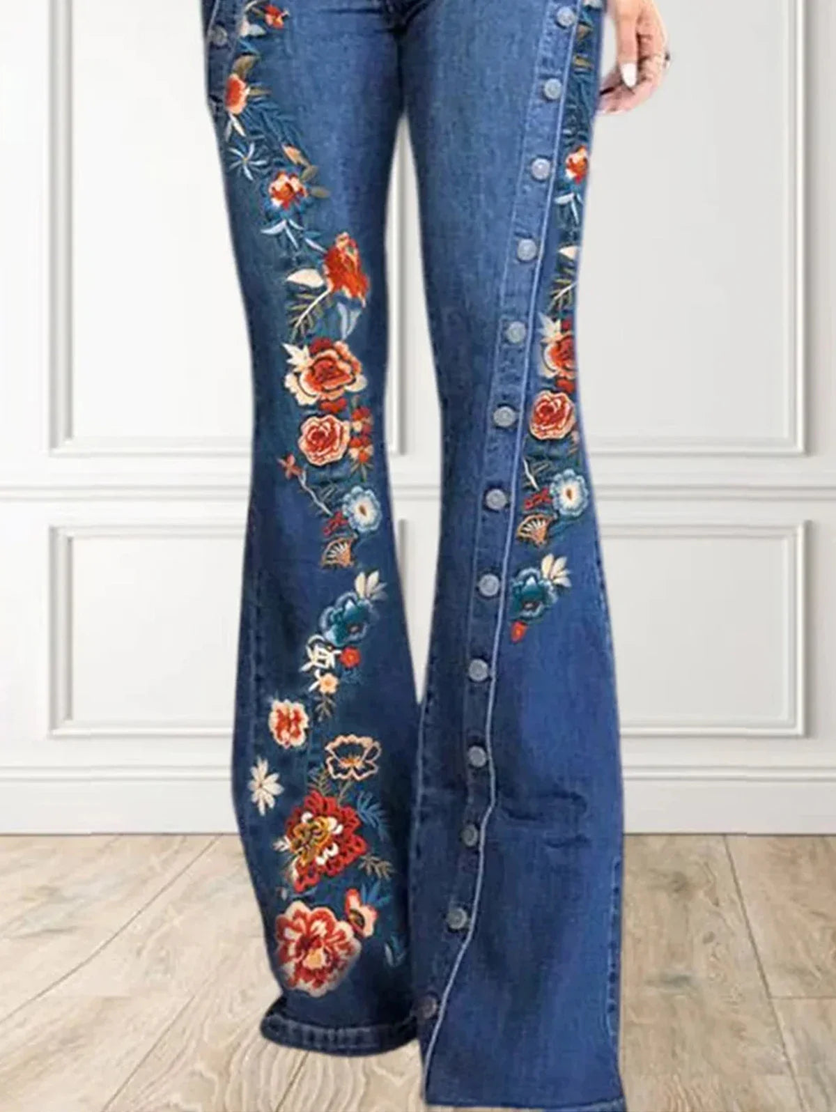 maoxiangshop Women Fashion Plain Button Decor Flare Leg Long Denim Pants Floral Embroidery Ladies High Waist Skinny Bottom Wide Leg Jeans