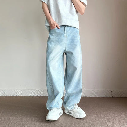 maoxiangshop Korean Fashion Men's Baggy Jeans Light Blue High Street Straight Wide Trousers Personalized Washed Y2k Pants Male