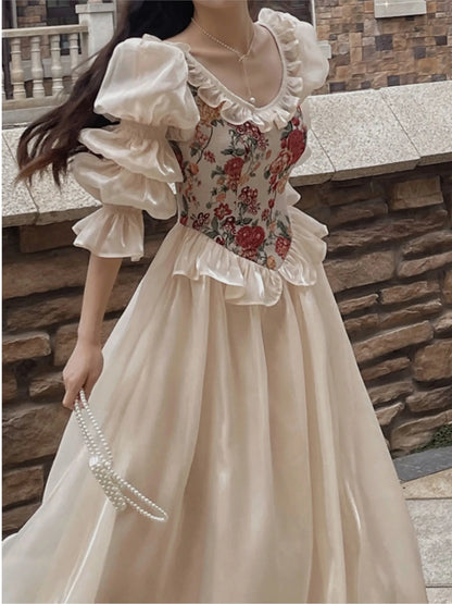 France Vintage Embroidery Evening Party Dress Autumn Lantern Sleeved Princess Fairy Vestidos Women Korea Ruffles Clothes