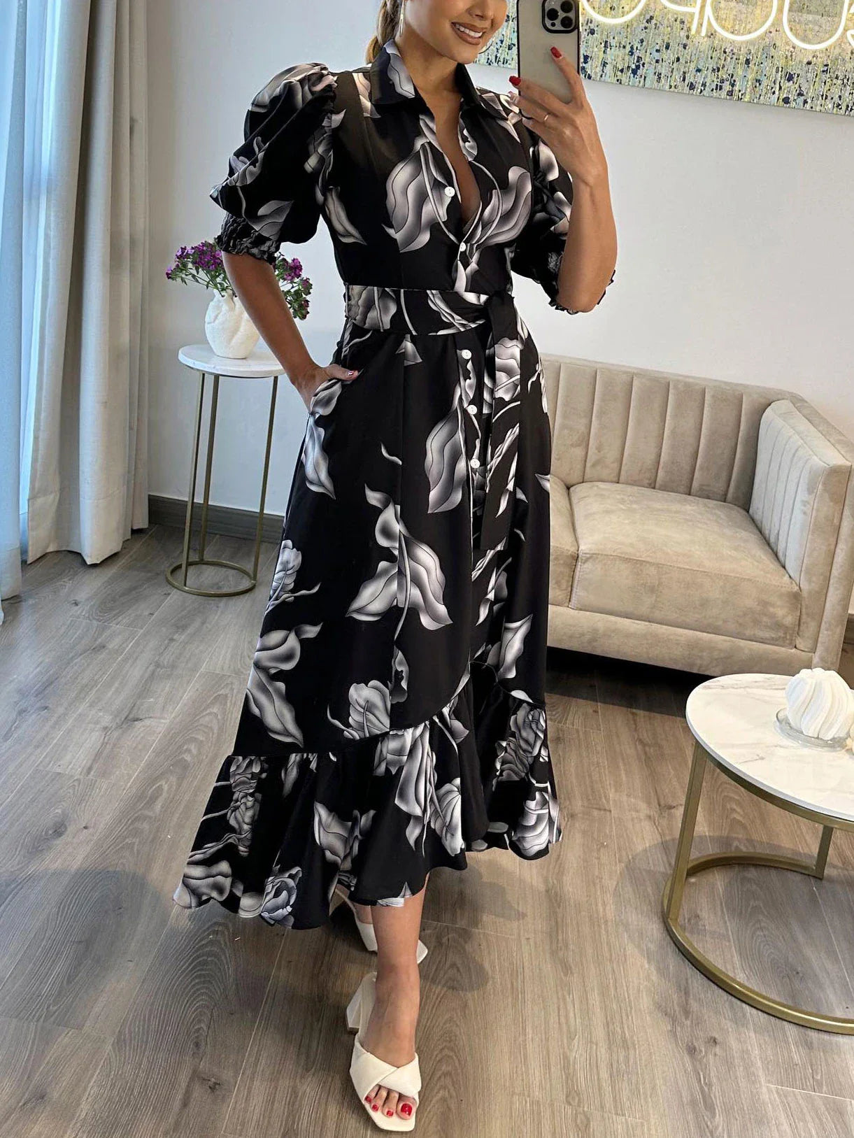 maoxiangshop Women Floral Print Long Dress Summer Casual  Turn-down Collar Half Sleeve Loose Big Swing Dress Female Vintage  Beach Maxi Dress