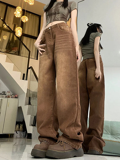 maoxiangshop Women Brown Jeans 90s Aesthetic Y2k Vintage Baggy Denim Trouser Fashion Harajuku High Waist Wide Cowboy Pants 2000s Clothes