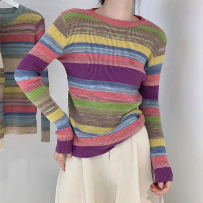 maoxiangshop Rainbow Sweater Women Super Soft Stretchy Multicolor Striped Knit Striped Jumper Pullover Female Spring Autumn Knitwear