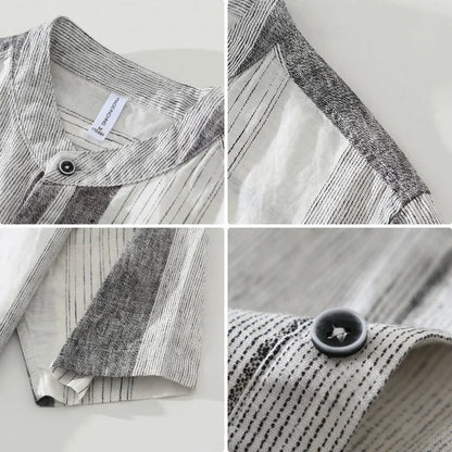 maoxiangshop 2024 Summer New 100%Linen Pullover Short Sleeve Shirts for Men Fashion Striped Casual Loose Shirts