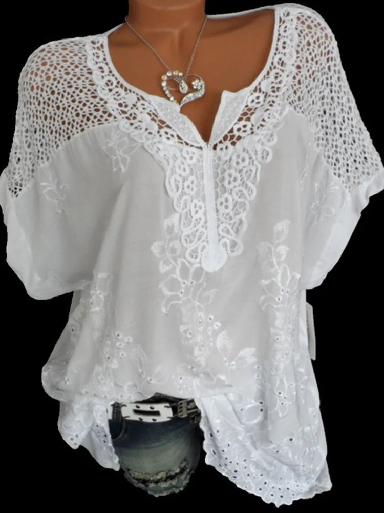 maoxiangshop Large Size Loose Short-Sleeved Lace Women Blouses Cotton Blouses 2024 Summer V-neck White Shirt Tops Sexy Fashion Women Shirt