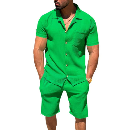 maoxiangshop Solid Color Texture Shirts And Shorts Mens Two Piece Sets Summer Casual Short Sleeve Buttoned Lapel Shirt Outfits Men Streetwear