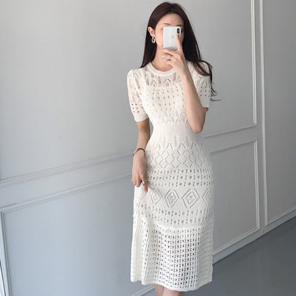 maoxiangshop Casual Chic Korean Temperament Slim Sexy Hollow Out Dresses O Neck Short Sleeve Wrap Hip Knitted Dress White Lady Summer