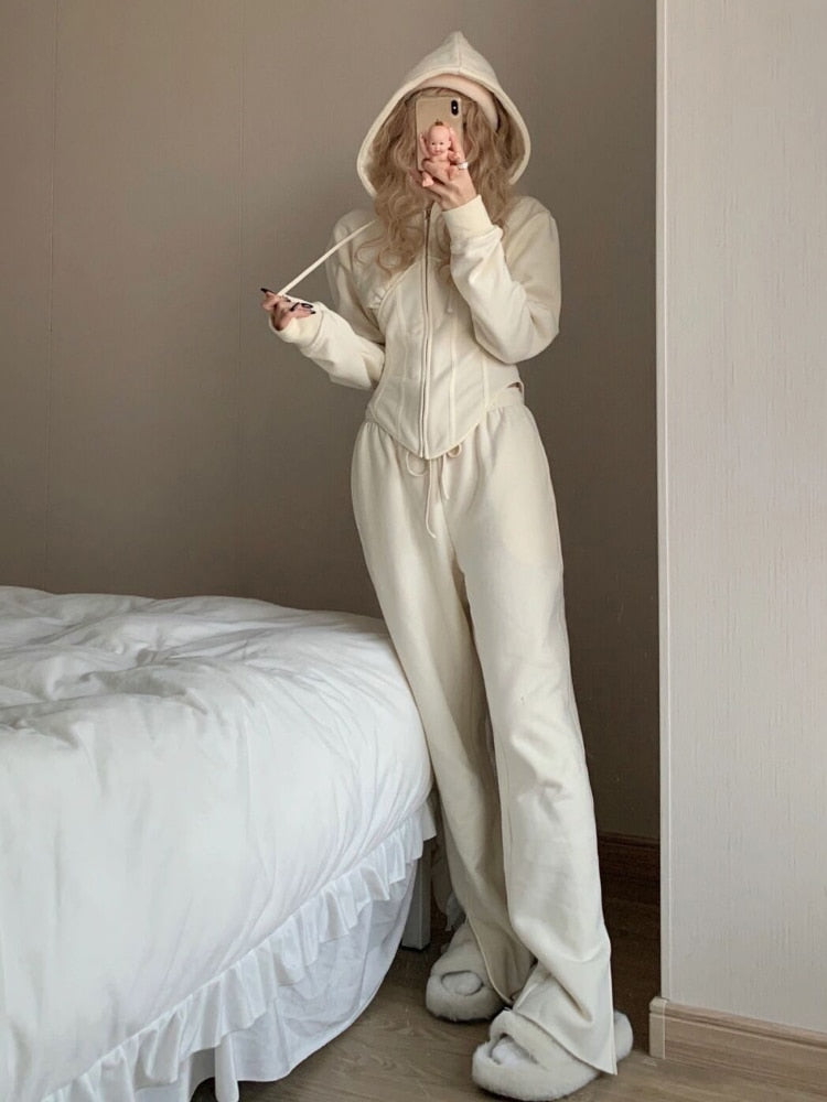 maoxiangshop Solid Hoodies Set Women Fall Casual Clothes Long Sleeve Hooded Top Trousers Matching Suit Spring Female Zipper Sportswear Outfit