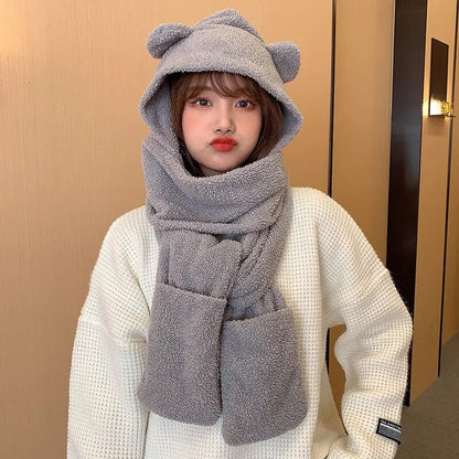 maoxiangshop Cute Bear Ear Hat Scarf Set Kawaii Women Winter Beanies Caps Warm Casual Plush Hat Casual Female Keep Wammer Anime Gift