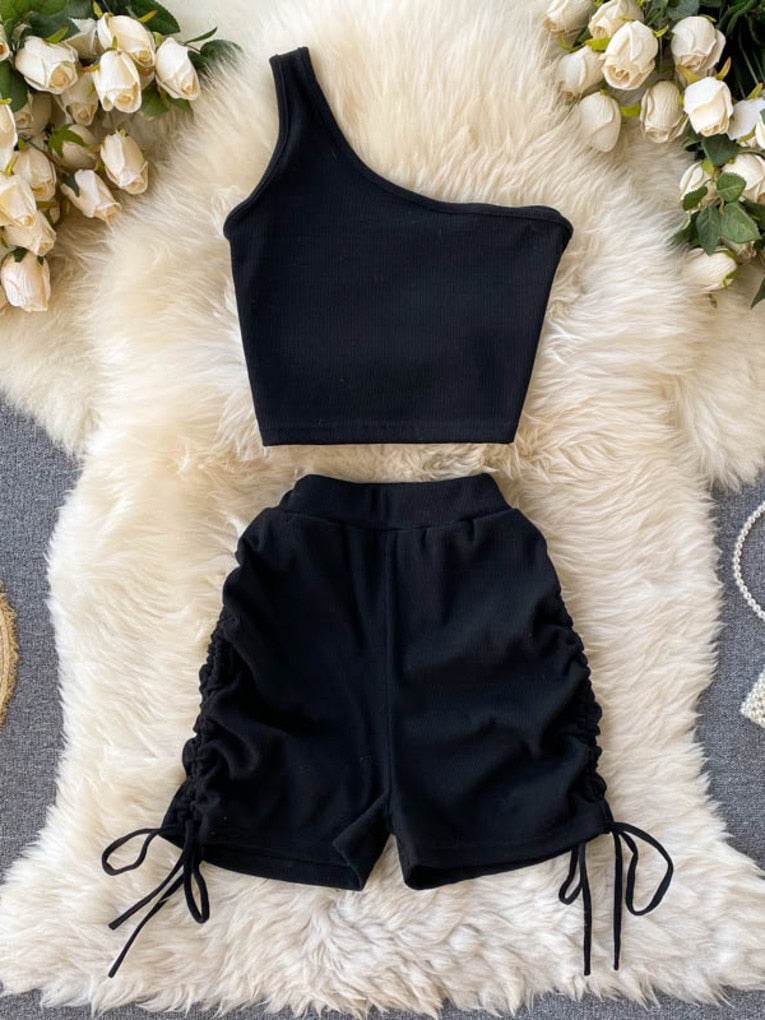 maoxiangshop Casual Women 2 Piece Set Solid Summer Fashion One Shoulder Sleeveless Crop Top and Drawstring Shorts Workout Tracksuits