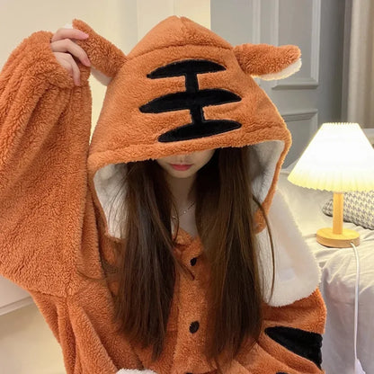 Fleece Thick Tiger Pajamas Robes Winter Warm Plush Nightgown Loose Kawaii Cartoon Flannel Nightdress Dinosaur Pijama Loungewear