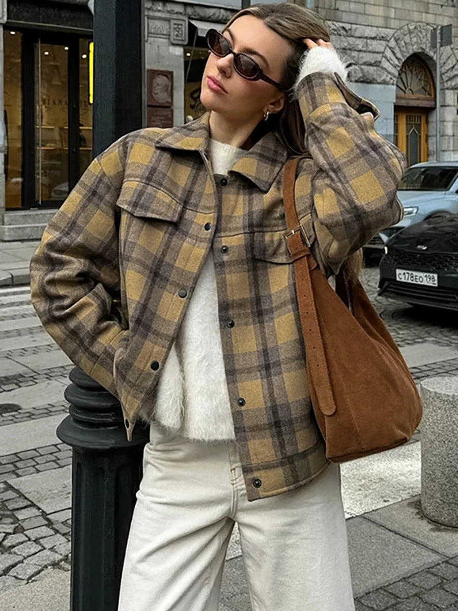 maoxiangshop  -  2024 New Plaid Contrast Jacket Women Autumn Winter Single Breasted Long Sleeve Outerwear Female Streetwear Vintage Fashion Coat